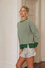 Load image into Gallery viewer, STRIPE EXPOSED SEAM SPLIT HEM LONG SLEEVE KNIT TOP (PRE-ORDER): BLACK
