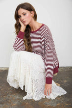 Load image into Gallery viewer, STRIPE EXPOSED SEAM SPLIT HEM LONG SLEEVE KNIT TOP (PRE-ORDER): BLACK
