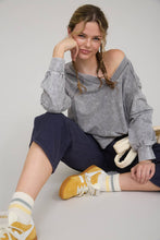 Load image into Gallery viewer, WASHED V NECK EXPOSED SEAM LONG SLEEVE KNIT TOP: INDIGO BLUE

