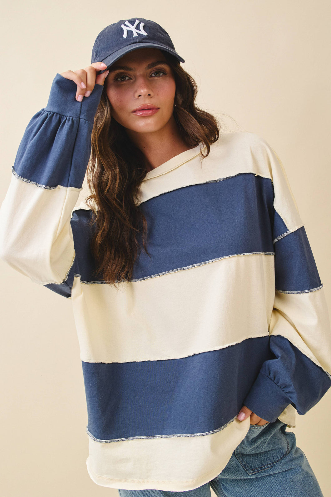 Contrast Panel Long Sleeve Slouchy Top: Pineapple Navy / Contemporary