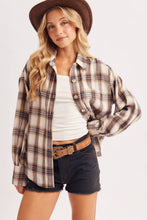 Load image into Gallery viewer, BUTTON DOWN FLANNEL PLAID SHIRT TOP: IVORY/BROWN
