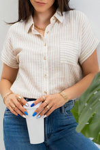 Load image into Gallery viewer, STRIPE COLLARED SHORT SLEEVE LINEN SHIRT: KHAKI
