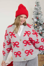 Load image into Gallery viewer, BOW PATTERN BUTTON DOWN KNIT CARDIGAN: HEATHER GREY
