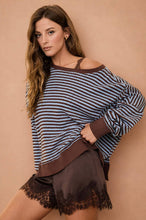 Load image into Gallery viewer, STRIPE EXPOSED SEAM SPLIT HEM LONG SLEEVE KNIT TOP (PRE-ORDER): BLACK
