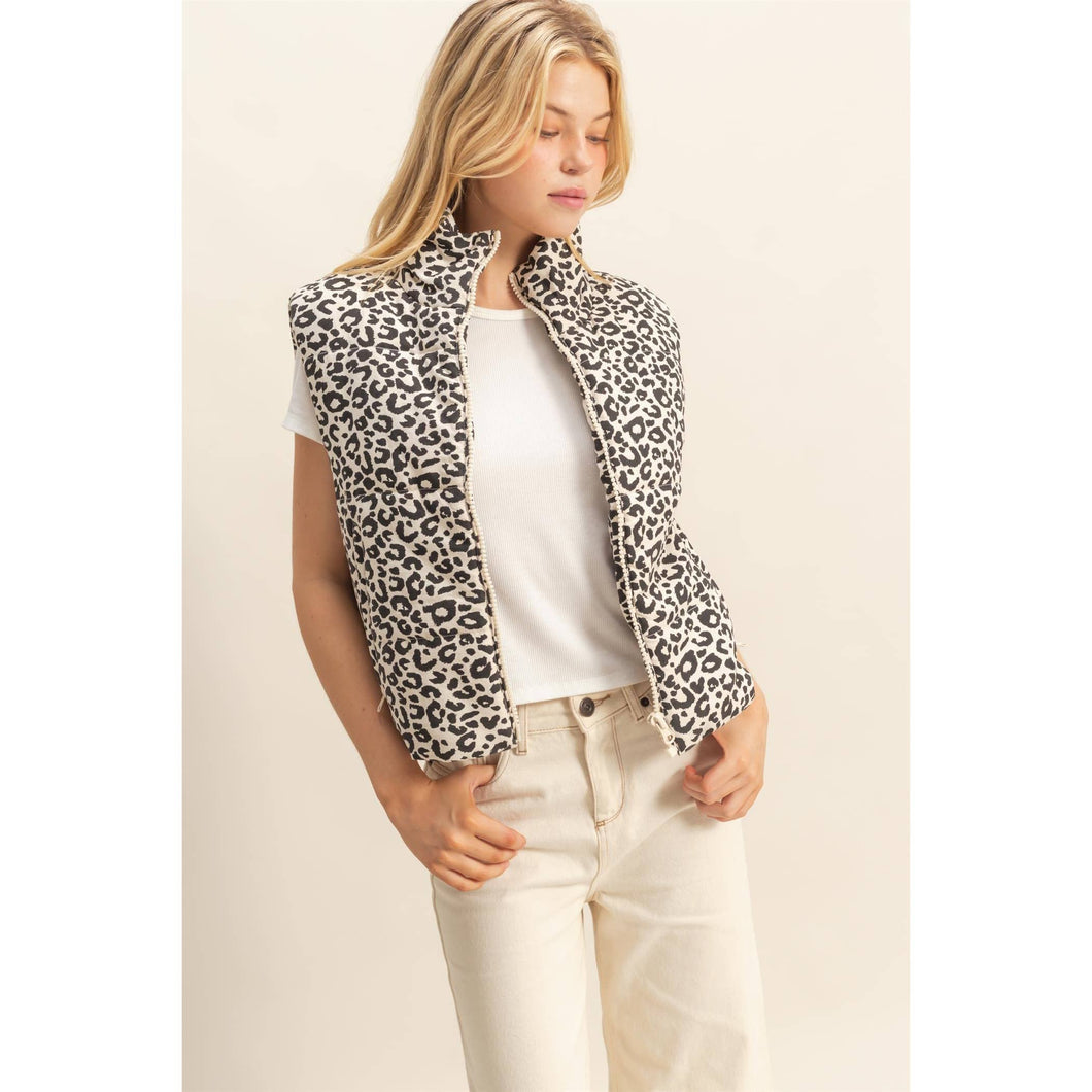 Leopard Print Puffer Vest: CREAM