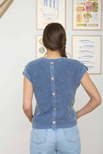Load image into Gallery viewer, ACID WASHED TAB SLEEVE BACK BUTTON KNIT TOP: INDIGO
