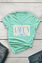Load image into Gallery viewer, Blue Floral Amen Unisex V Neck Tee: Dusty Rose / L / Graphic T-Shirt
