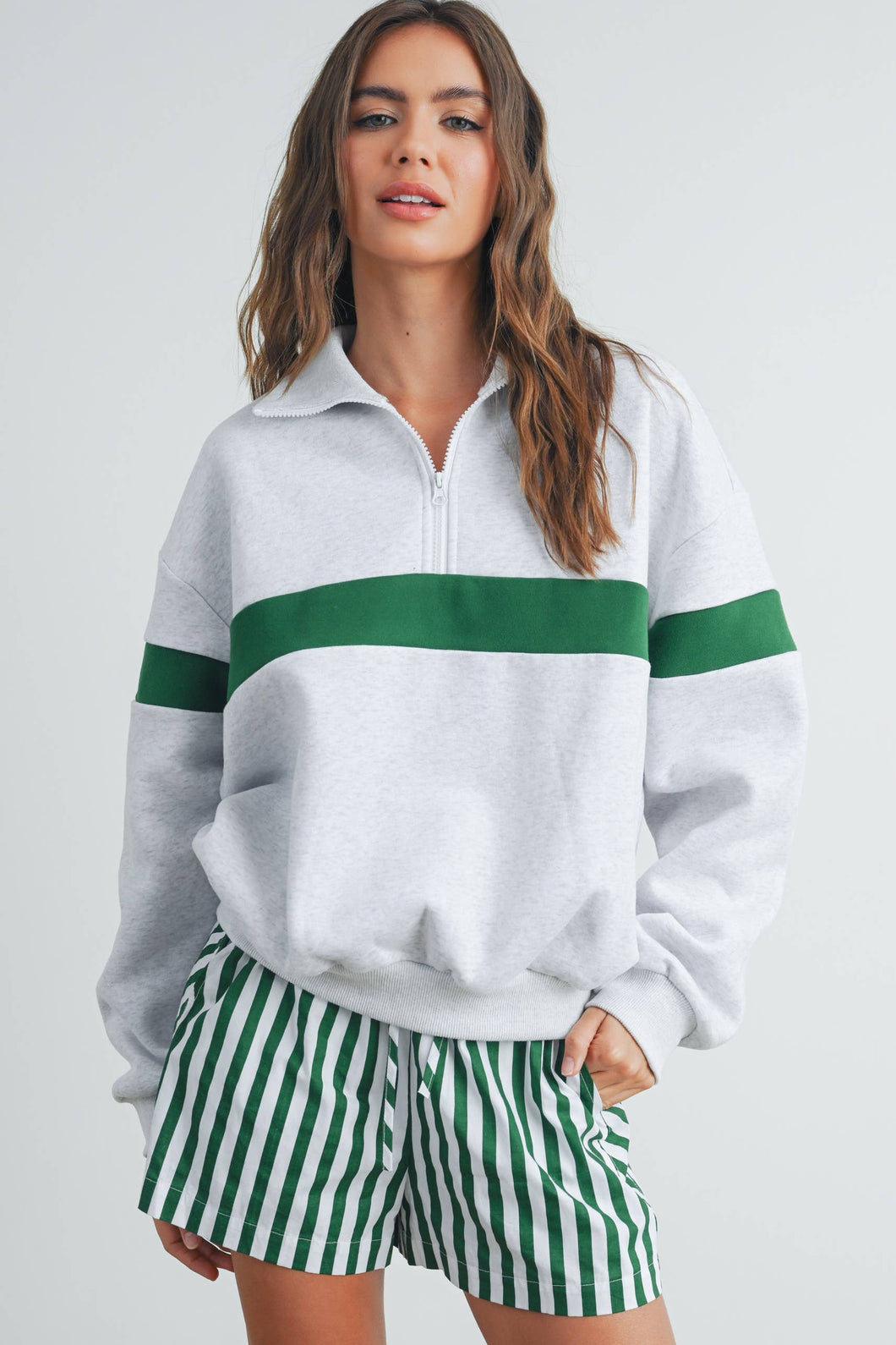 Two-Toned Half Zip Collar Sweatshirt: GREY / GREEN