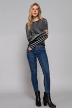 Load image into Gallery viewer, Long Sleeve Crew Neck Yarn Dyed Stripe Knit Top: WHT-WHITE/BLACK / S
