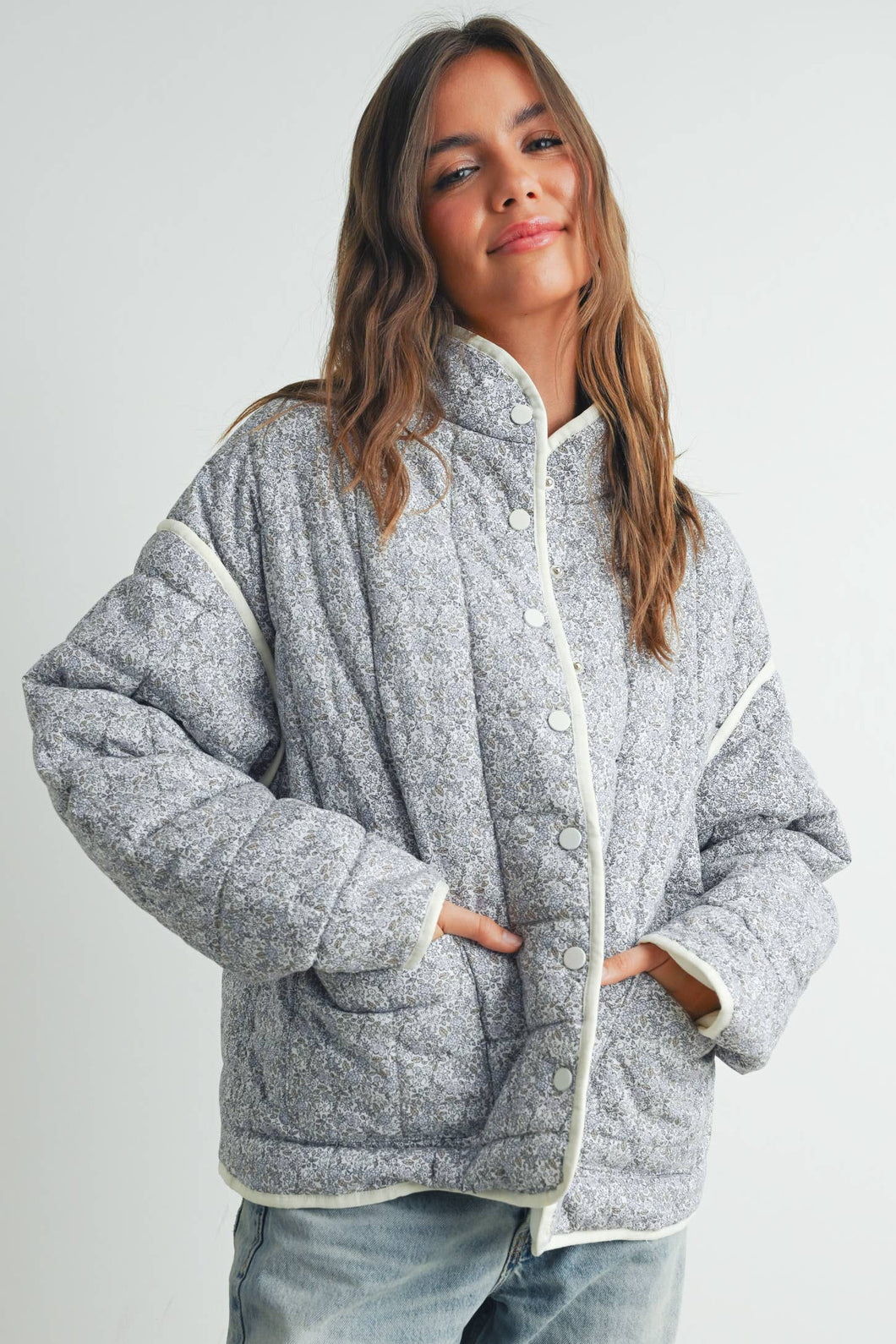 FLOAR QUILTED JACKET WITH LIGHTWEIGHT BOHO PRINT: LAVENDER / IVORY