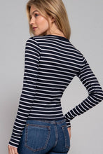Load image into Gallery viewer, Long Sleeve Crew Neck Yarn Dyed Stripe Knit Top: WHT-WHITE/BLACK / M
