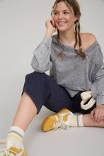 Load image into Gallery viewer, WASHED V NECK EXPOSED SEAM LONG SLEEVE KNIT TOP: INDIGO BLUE
