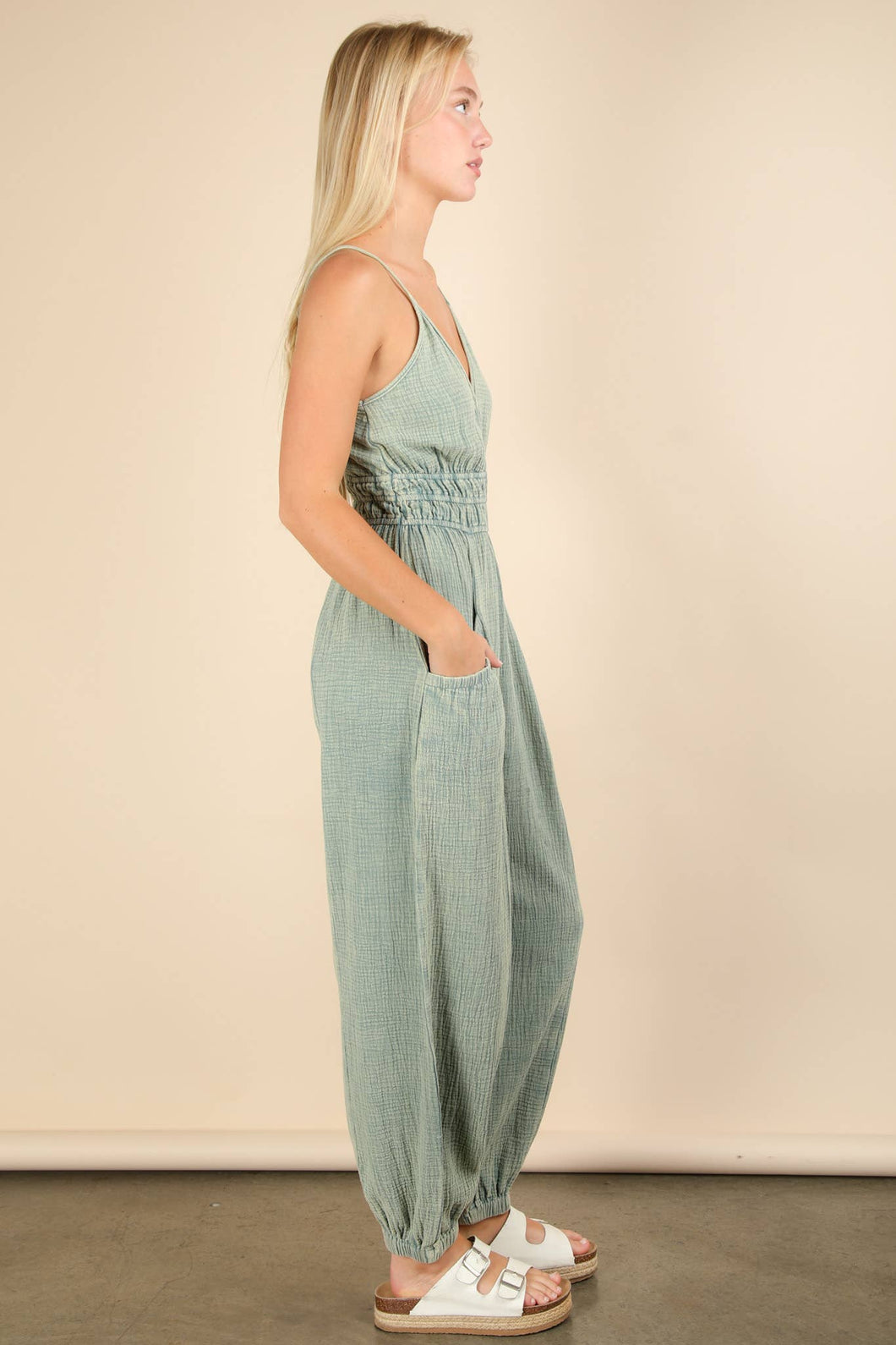 Mineral Washed Cotton Gauze Casual Jumpsuit: SAGE