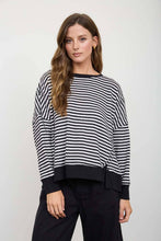 Load image into Gallery viewer, STRIPE EXPOSED SEAM SPLIT HEM LONG SLEEVE KNIT TOP (PRE-ORDER): BLACK
