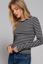 Load image into Gallery viewer, Long Sleeve Crew Neck Yarn Dyed Stripe Knit Top: WHT-WHITE/BLACK / M
