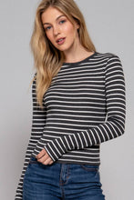 Load image into Gallery viewer, Long Sleeve Crew Neck Yarn Dyed Stripe Knit Top: WHT-WHITE/BLACK / L
