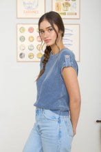 Load image into Gallery viewer, ACID WASHED TAB SLEEVE BACK BUTTON KNIT TOP: INDIGO
