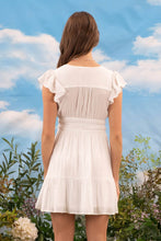 Load image into Gallery viewer, V NECK SHORT SLEEVE RUFFLE DETAIL SHIRRED MINI DRESS: WHITE
