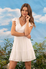 Load image into Gallery viewer, V NECK SHORT SLEEVE RUFFLE DETAIL SHIRRED MINI DRESS: WHITE
