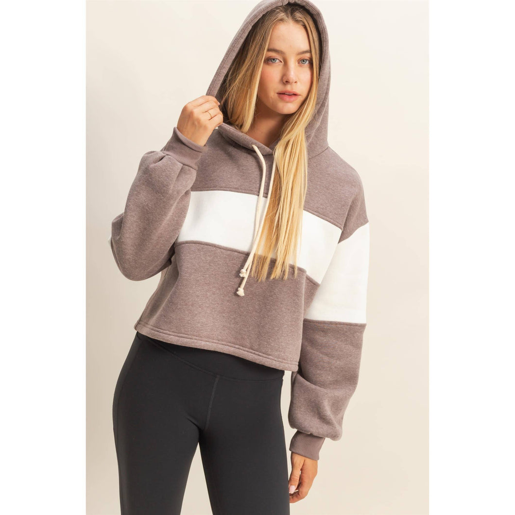 Colorblock Cropped Hoodie: WALNUT