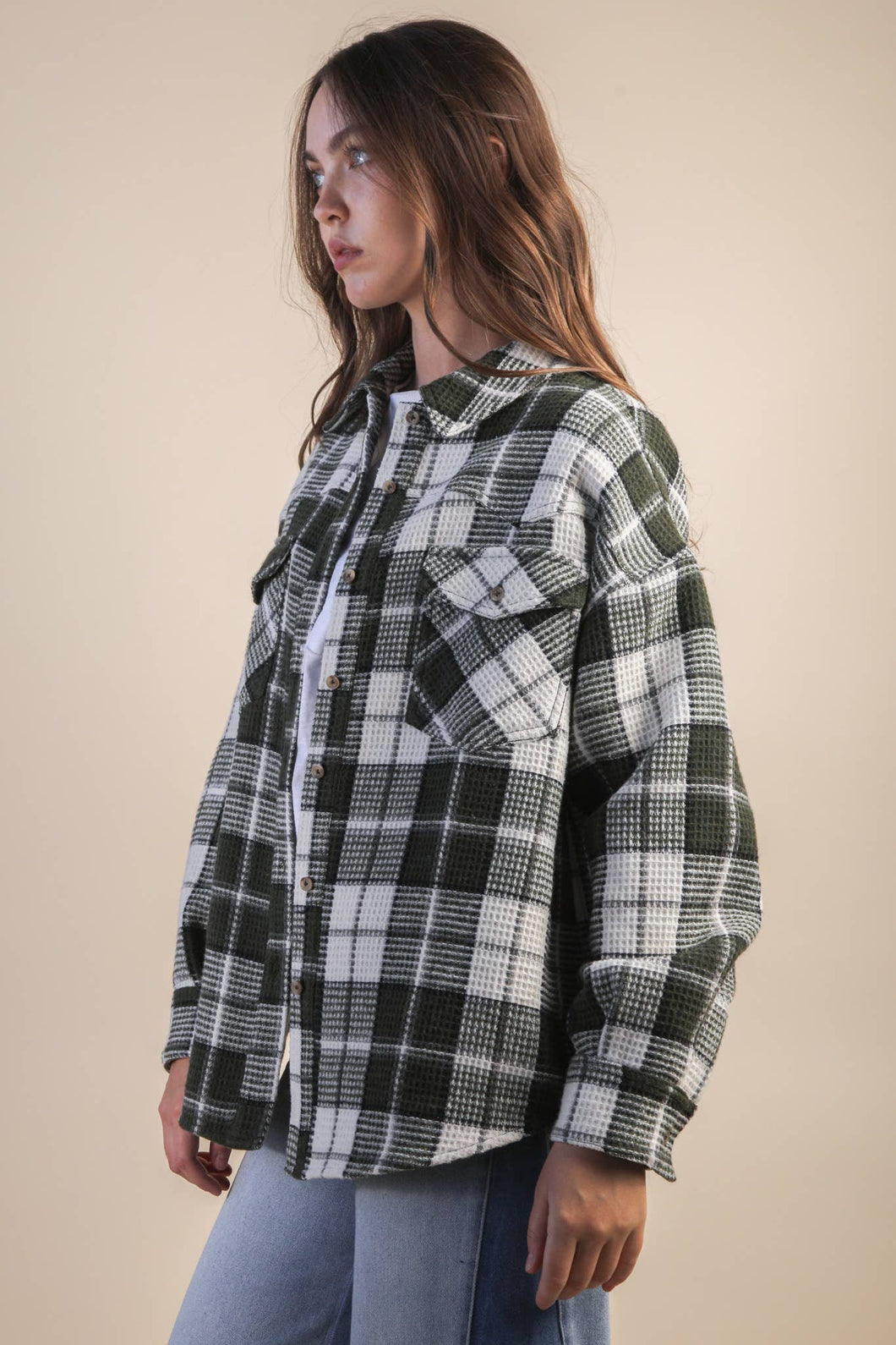 Oversized Checkered Casual Shacket Jacket: OLIVE MIX