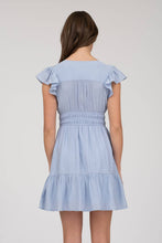 Load image into Gallery viewer, V NECK SHORT SLEEVE RUFFLE DETAIL SHIRRED MINI DRE: PINK
