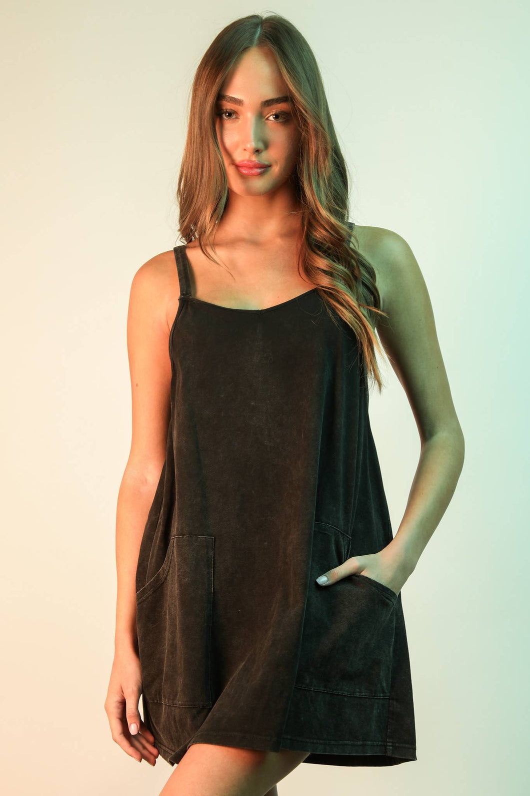 ND31251-Mineral Washed Knit Mini Dress with Shorts Inside : BLACK / S-M-L/2-2-2