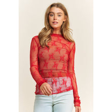 Load image into Gallery viewer, MESH LACE HIGH NECK DESIGN LONG SLEEVE FITTED TOP: Burgundy
