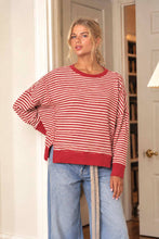 Load image into Gallery viewer, STRIPE EXPOSED SEAM SPLIT HEM LONG SLEEVE KNIT TOP (PRE-ORDER): BLACK
