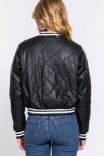 Load image into Gallery viewer, Long Sleeve Quilted PU Faux Leather Bomber Jacket: BLK-black / M
