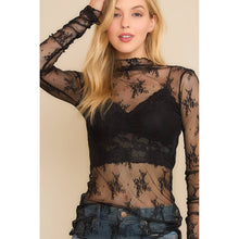 Load image into Gallery viewer, MESH LACE HIGH NECK DESIGN LONG SLEEVE FITTED TOP: Brown
