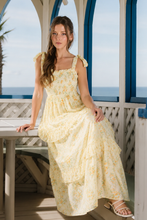 Load image into Gallery viewer, FLORAL SWEETHEART SMOCKED RUFFLE DETAIL MIDI DRESS: YELLOW MULTI
