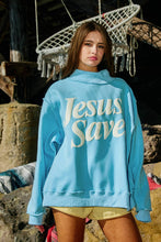 Load image into Gallery viewer, IT2594P-JESUSSAVES | 'JESUSSAVES' Print Mock Neck Sweatshirt: Baby Blue / S/M-L/XL (3-3)

