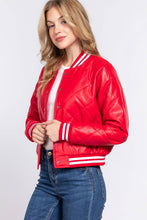 Load image into Gallery viewer, Long Sleeve Quilted PU Faux Leather Bomber Jacket: BLK-black / M
