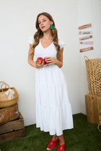 Load image into Gallery viewer, FLUTTER SLEEVE V NECK SMOCKED MIDI DRESS: LIGHT OLIVE
