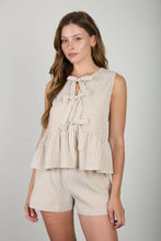 Load image into Gallery viewer, STRIPE FRONT TIE SLEEVELESS RUFFLE HEM TOP: MOCHA
