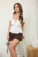 Load image into Gallery viewer, FRONT TIE DETAIL PUFF SLEEVE SMOCKED TOP: BUTTER YELLOW
