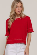 Load image into Gallery viewer, Short Sleeve Round Neck Sweater with Contrast Color Stitch: WHT-white/black / M
