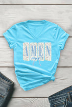 Load image into Gallery viewer, Blue Floral Amen Unisex V Neck Tee: Dusty Rose / L / Graphic T-Shirt
