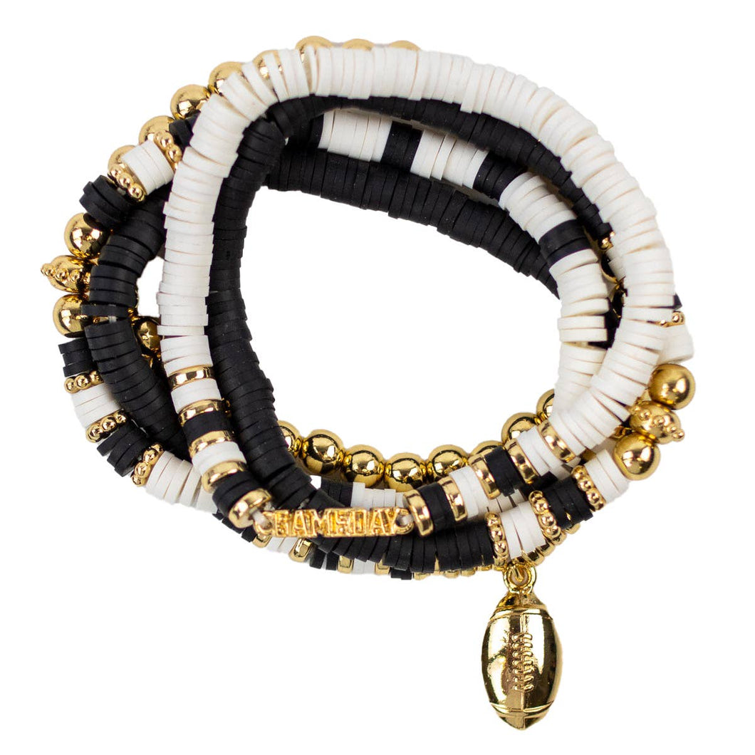 Game Day Bead Bracelet Stack   Black/White/Gold   7