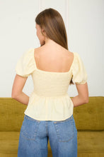 Load image into Gallery viewer, FRONT TIE DETAIL PUFF SLEEVE SMOCKED TOP: BUTTER YELLOW
