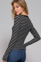 Load image into Gallery viewer, Long Sleeve Crew Neck Yarn Dyed Stripe Knit Top: WHT-WHITE/BLACK / S
