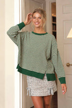 Load image into Gallery viewer, STRIPE EXPOSED SEAM SPLIT HEM LONG SLEEVE KNIT TOP (PRE-ORDER): BLACK
