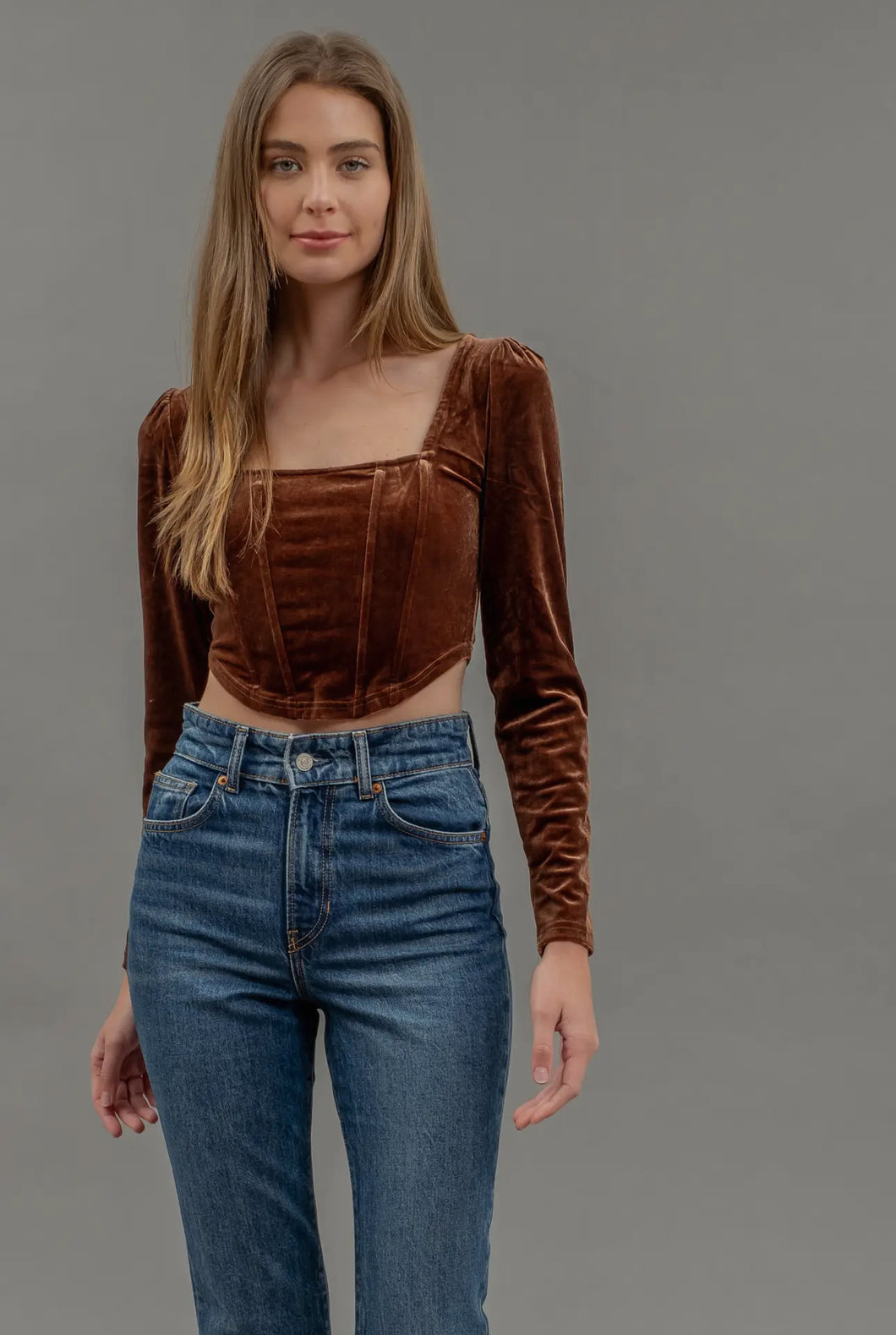 Mocha Velvet Square Neck Corset Top