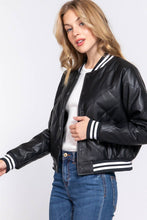 Load image into Gallery viewer, Long Sleeve Quilted PU Faux Leather Bomber Jacket: BLK-black / M
