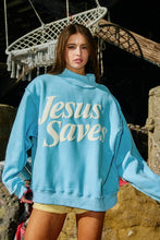 Load image into Gallery viewer, IT2594P-JESUSSAVES | 'JESUSSAVES' Print Mock Neck Sweatshirt: Baby Blue / S/M-L/XL (3-3)
