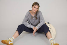 Load image into Gallery viewer, WASHED V NECK EXPOSED SEAM LONG SLEEVE KNIT TOP: INDIGO BLUE
