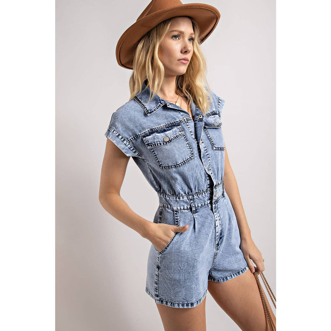 Denim Collared Button Down Romper - Light Weight Fabric: Medium Denim