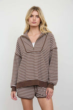 Load image into Gallery viewer, HALF ZIP STRIPE CONTRAST TRIM LONG SLEEVE KNIT TOP : CHOCOLATE BROWN
