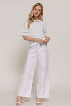 Load image into Gallery viewer, Short Sleeve Round Neck Sweater with Contrast Color Stitch: WHT-white/black / M

